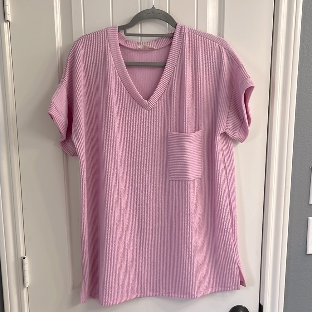 Pink V-Neck Ribbed Women's Top